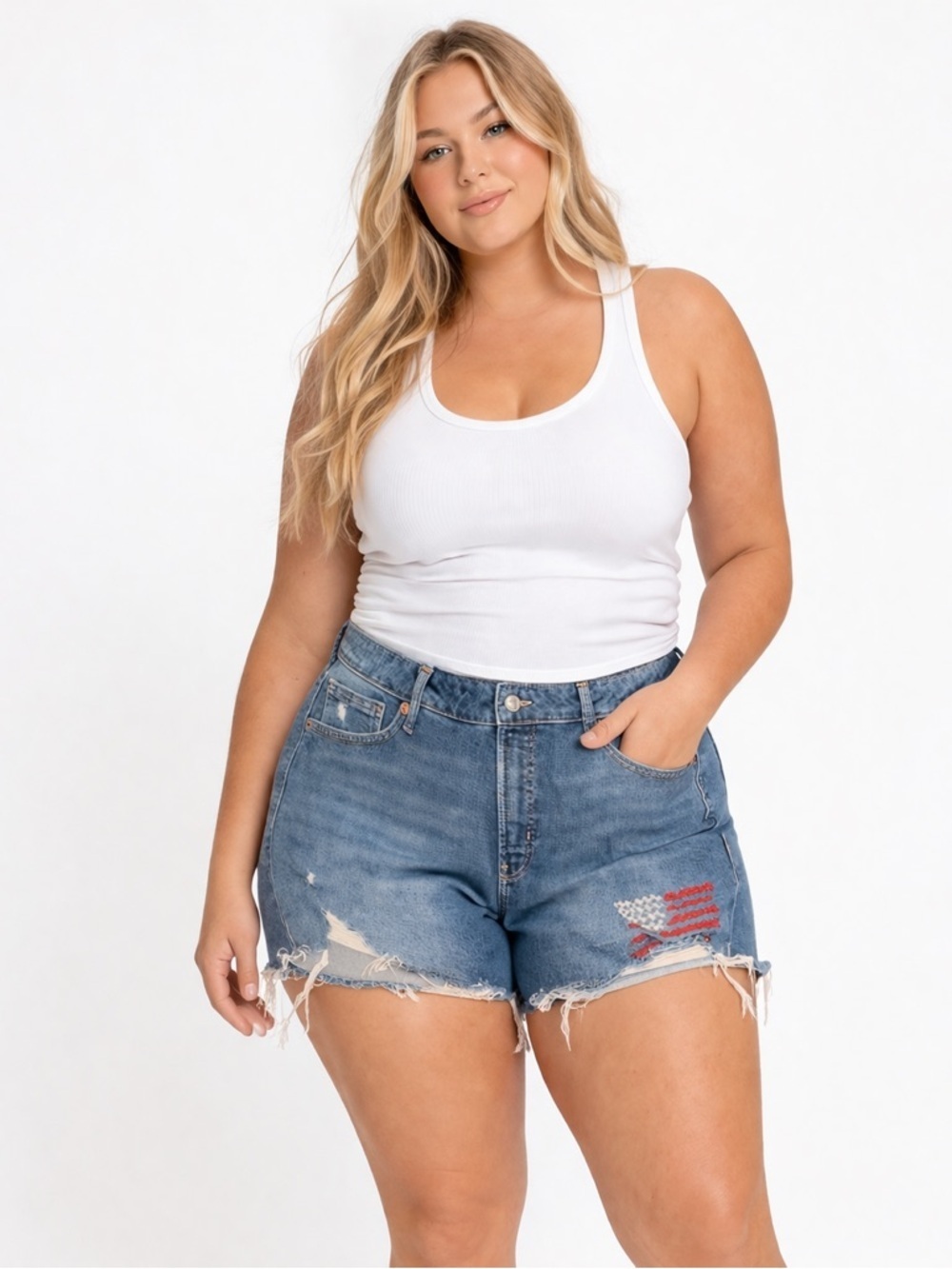 Old Navy Blue Jean Shorts high rise OG straight Red American flag size 14